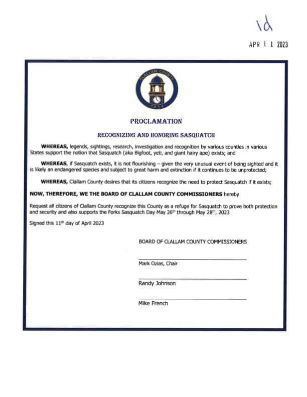 Clallam County Bigfoot Protection Proclamation
