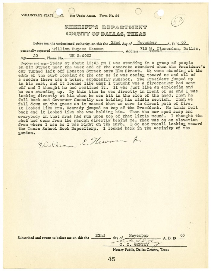 Bill Newman Statement to Dallas Sheriff