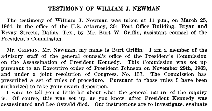 Bill Newman Testimony to the Warren Commission