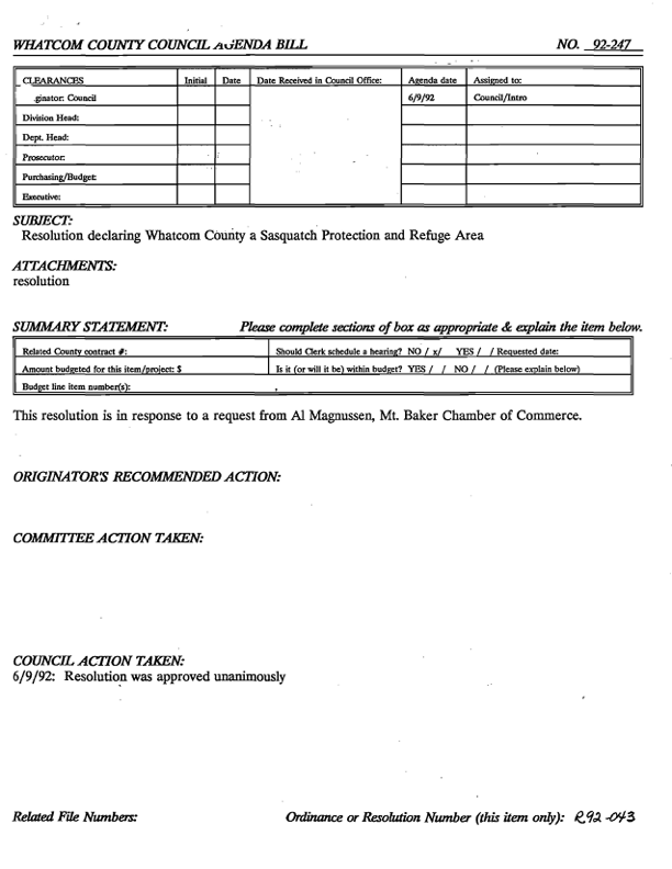 Whatcom County Sasquatch Protection and Refuge Resolution
